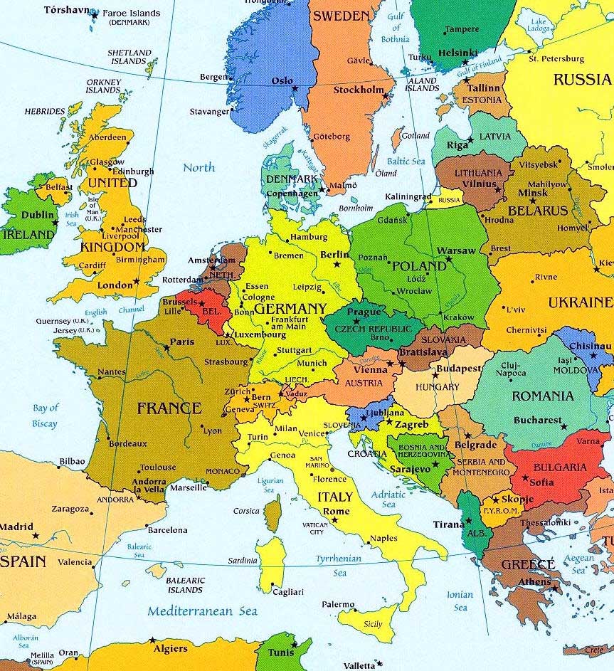 Большая административная карта Европы. Map of European Capitals