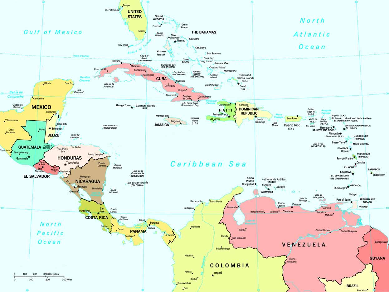Большая административная карта Карибского моря. Map of Caribbean
