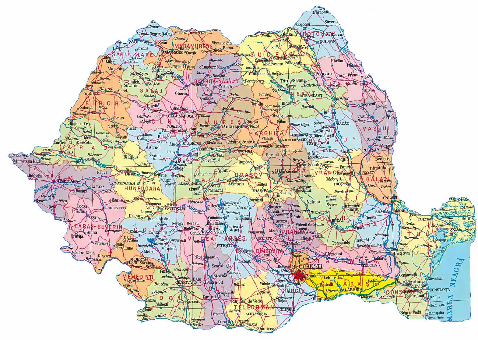 Большая административная карта Румынии. Map of Romania