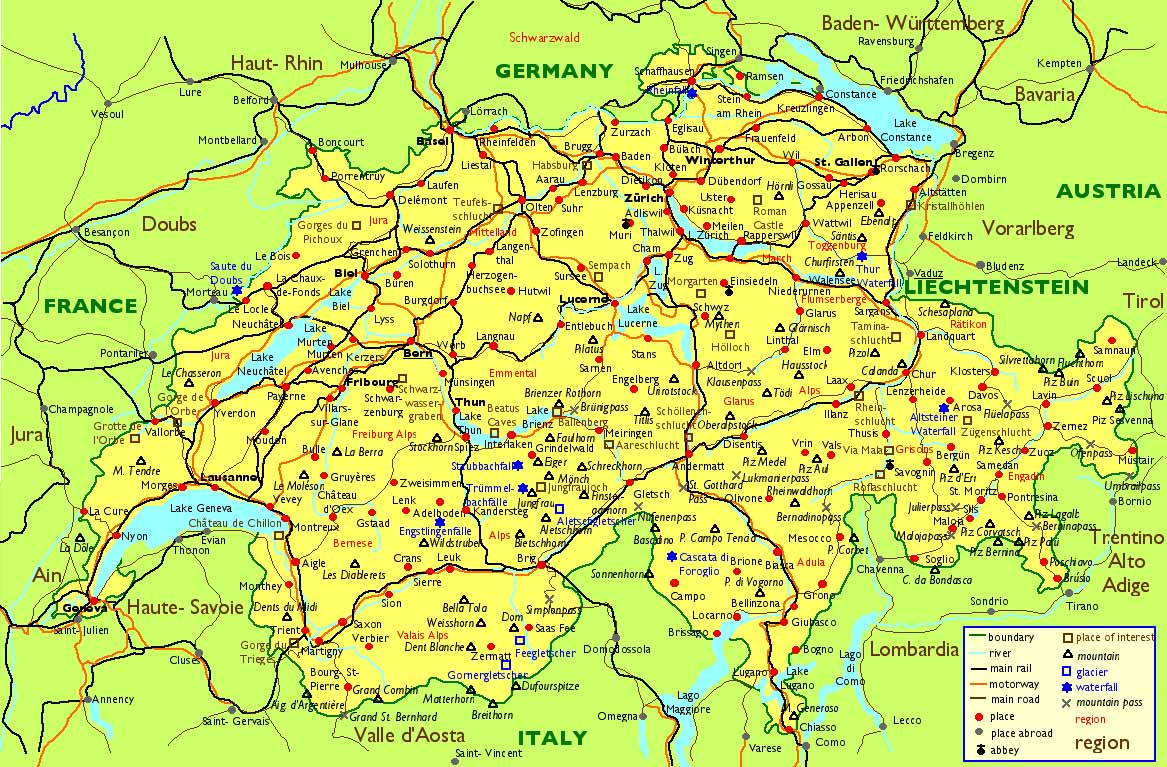Большая административная карта Швейцарии. Map of Switzerland
