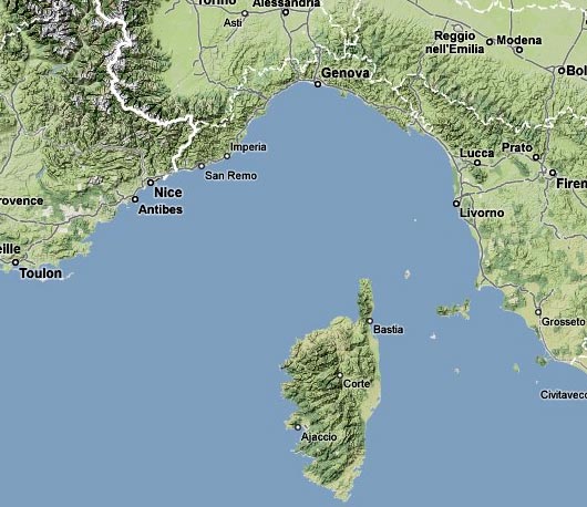 Карта Корсики и северной Италии