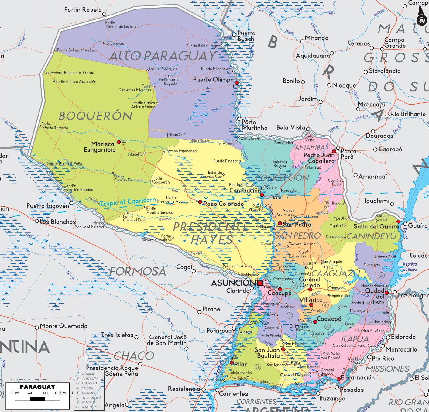 Большая административная карта Парагвая. Map of Paraguay