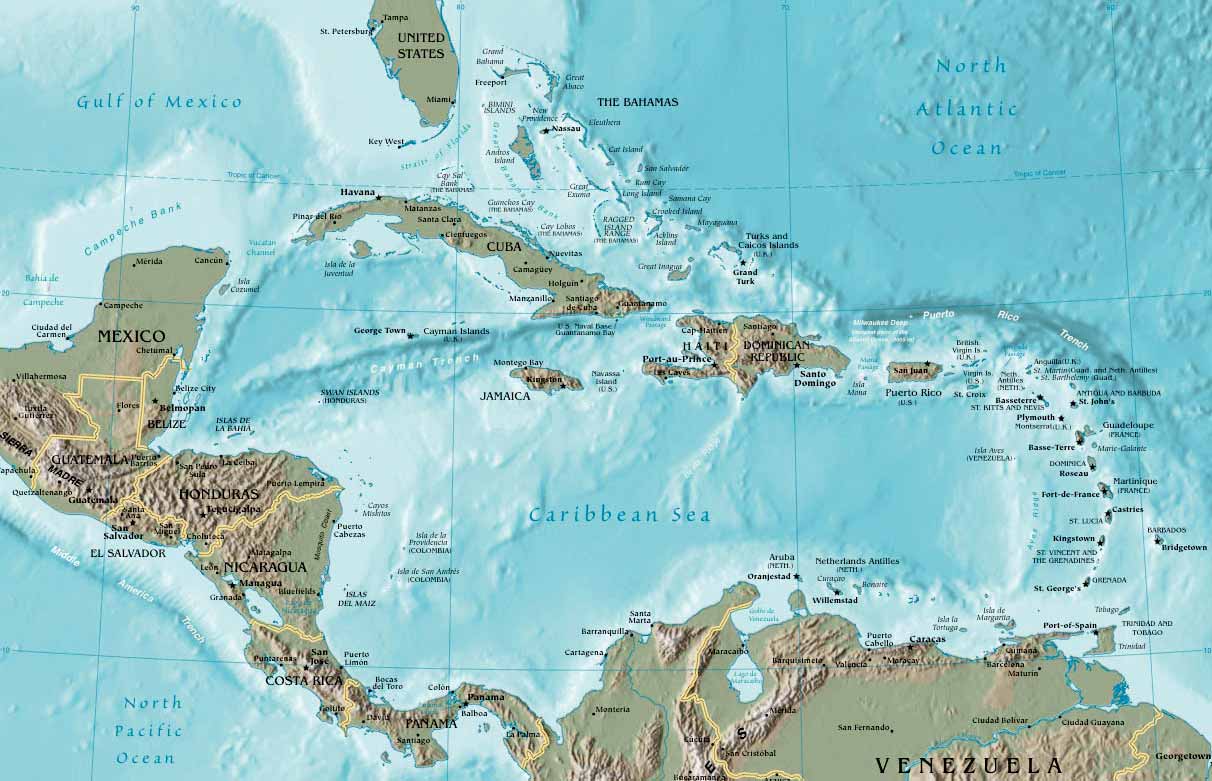 Большая карта Карибского моря. Map of Caribbean