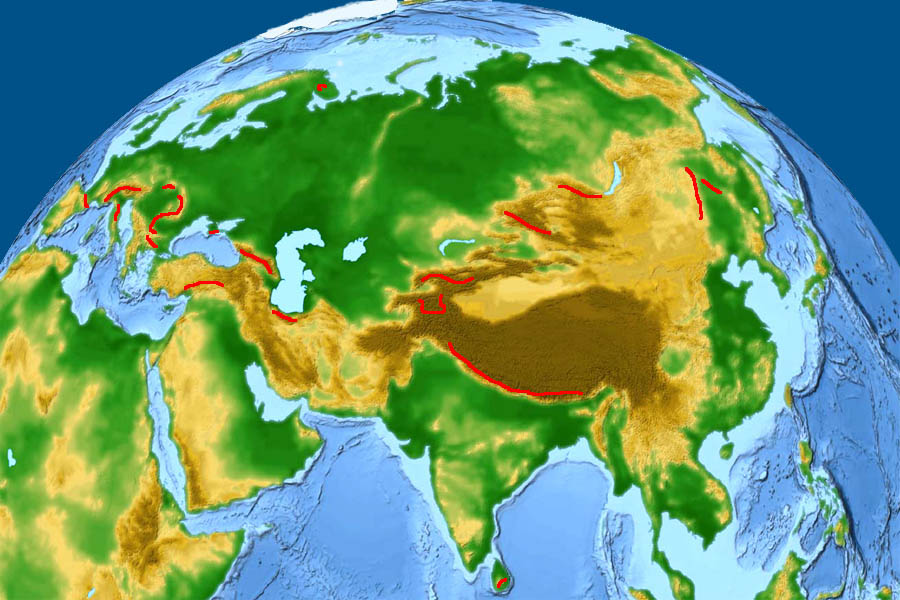 Большая карта Евразии. Map of Mountains of Eurasia